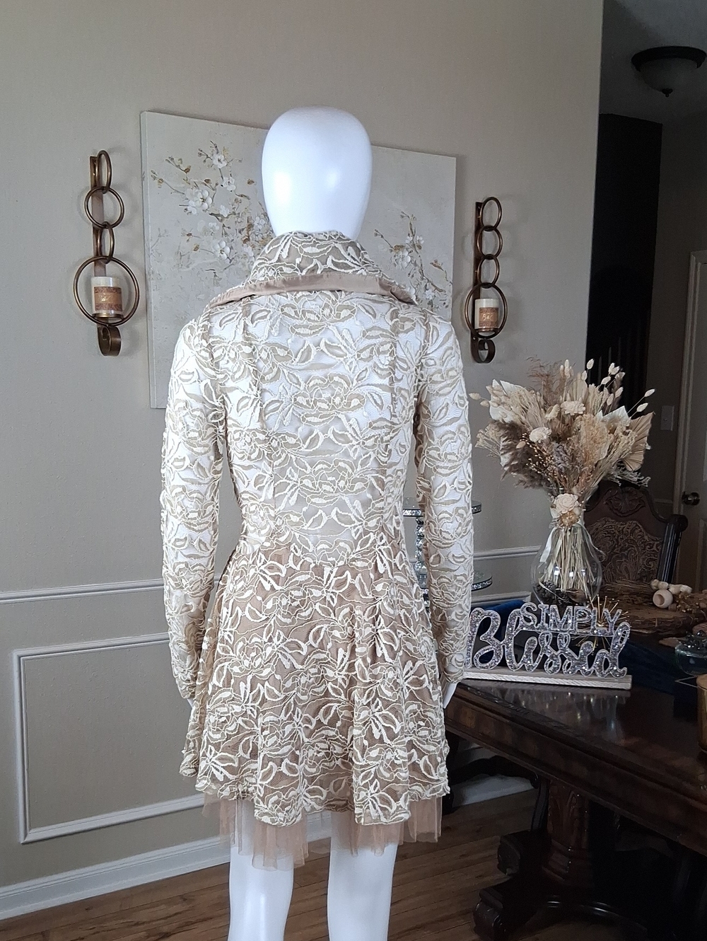 Women's Ivory And Tand Floral Lace Fit-and-Flare Coat Dress Tulle Trim Small - Picture 11 of 16